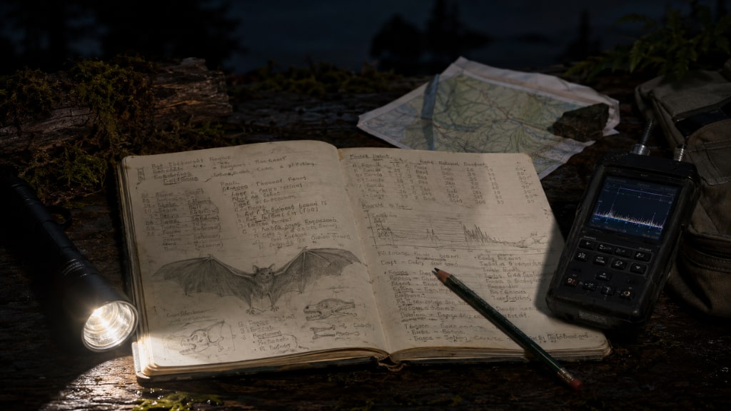 Field notes, flashlight, and bat detector arranged during evening bat research work