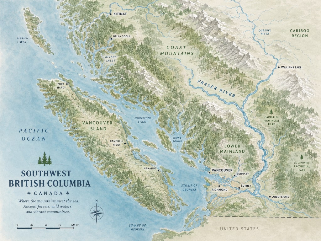 Illustrated map of southwest British Columbia used for regional bat observation context