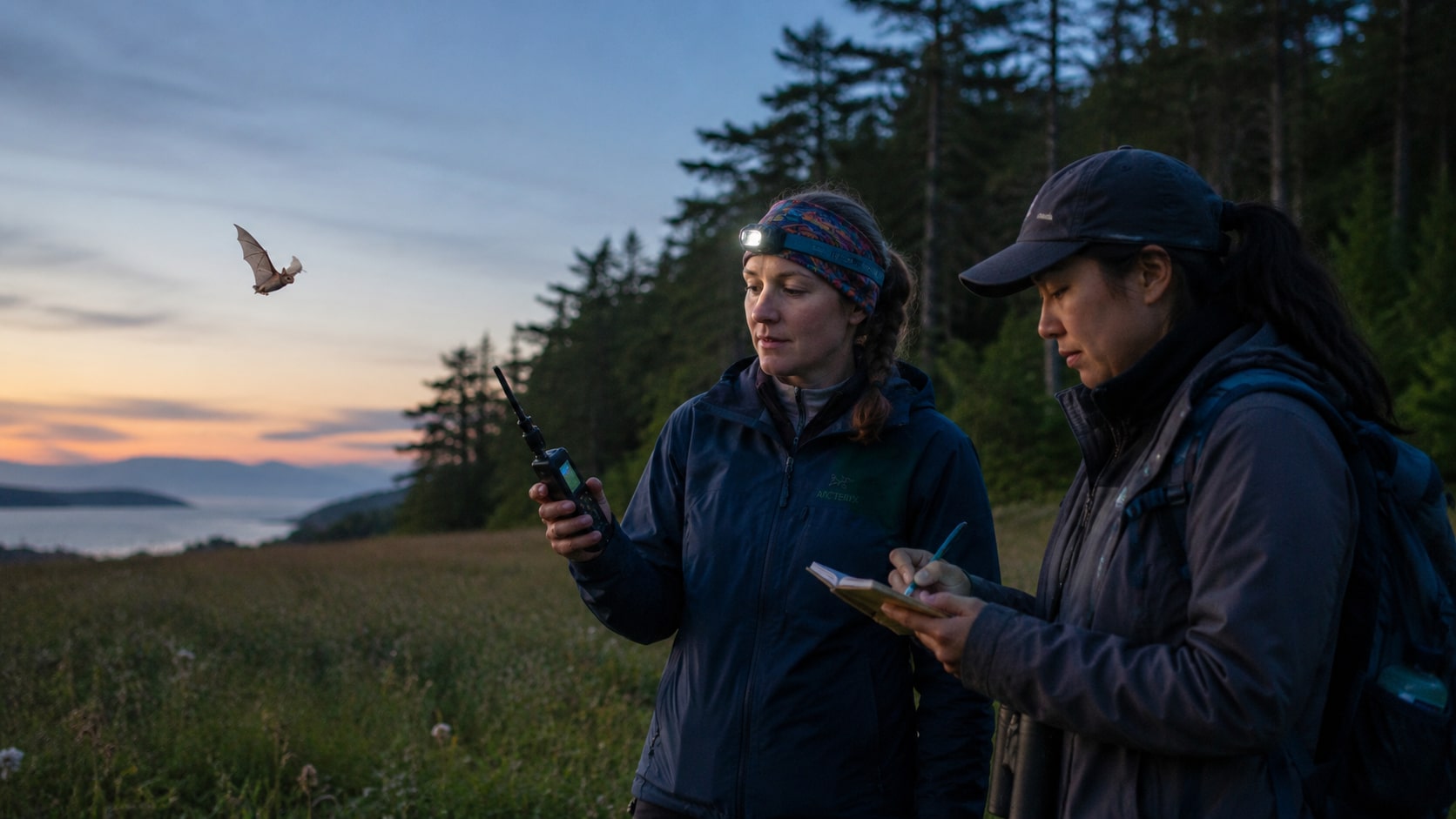 SCBats researchers conducting bat acoustic monitoring at dusk on the south coast of British Columbia